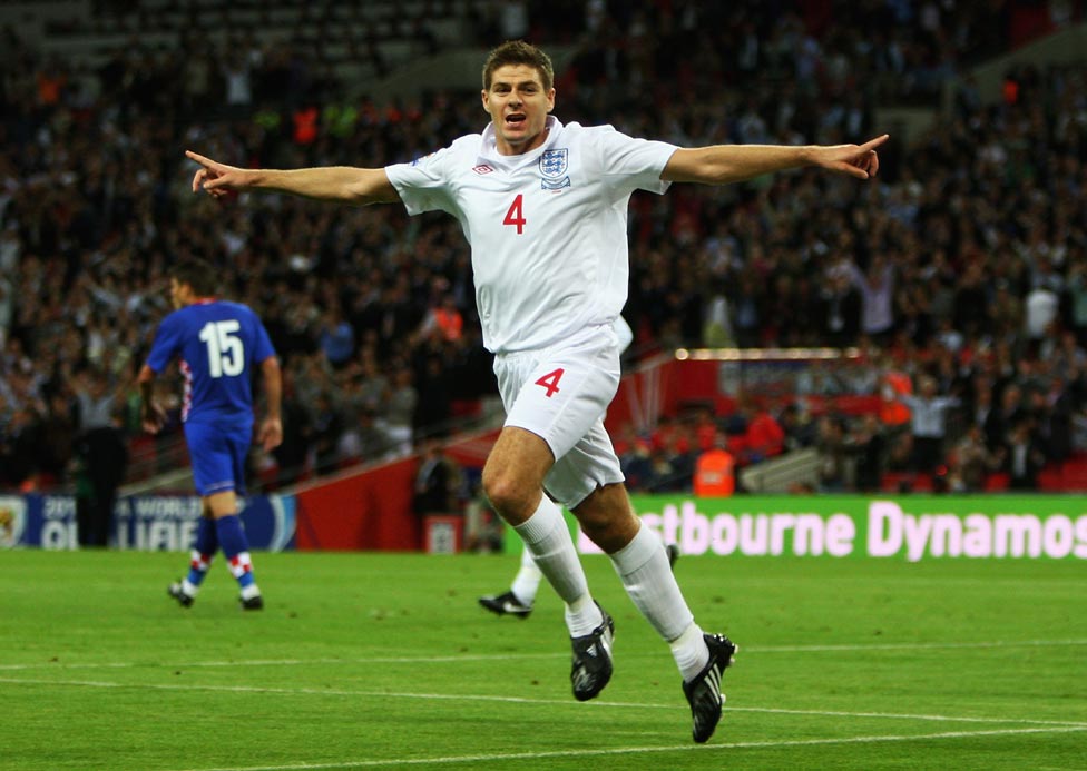Steven Gerrard celebrates scoring the second goal of the game.